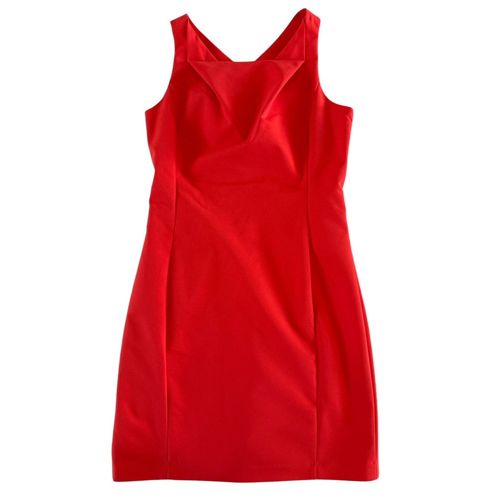 Belle Badgley Mischka Sheath Dress Size 12 Red Orange Crisscross Back Cutout EUC